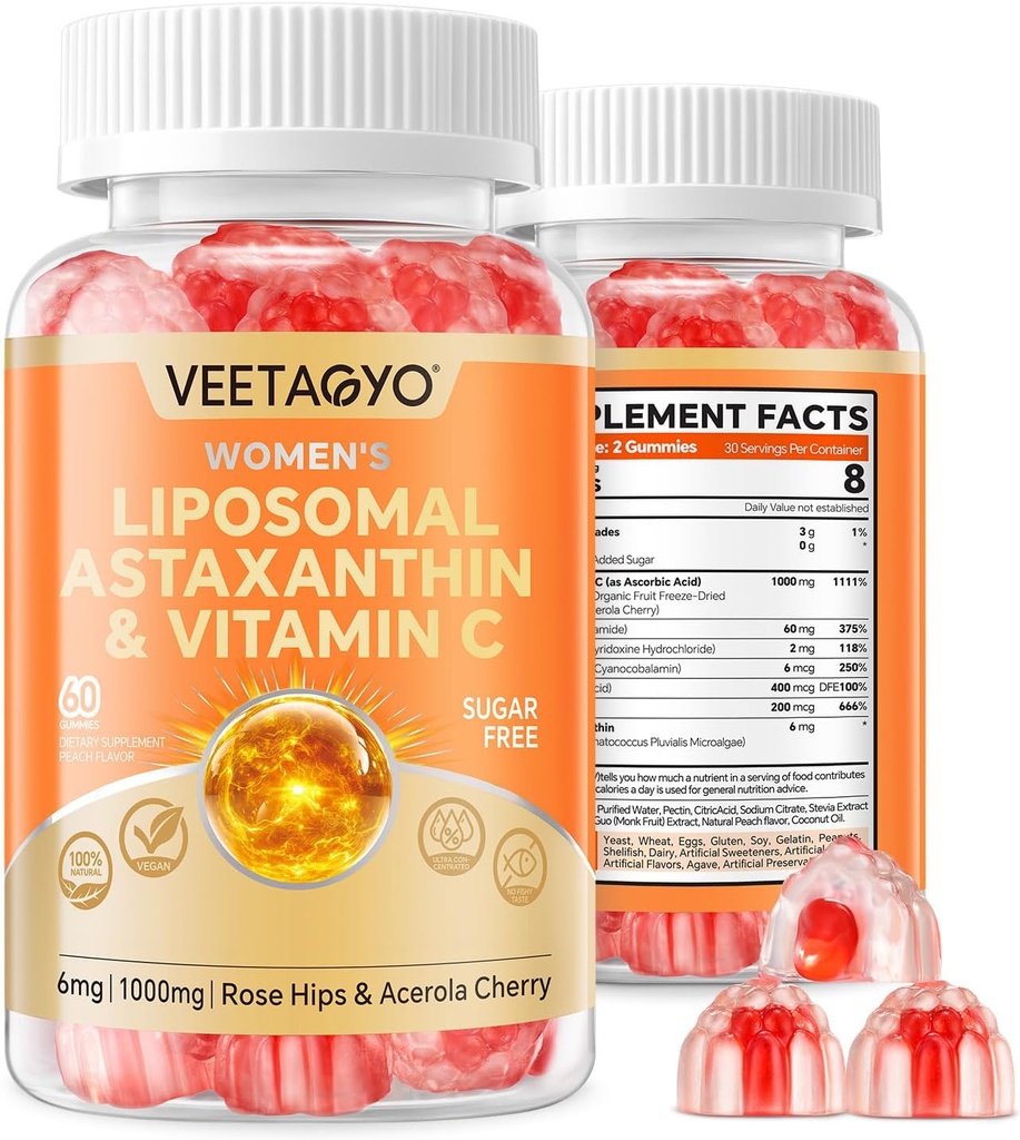 תוספי Astaxanthin 6mg + Liposomal ויטמין C 1000 מ"ג - שכבה כפולה - Niacin B6,B12,Folate,Biotin - Antioxidants - Gelatin חינם,Sugar חינם,60Cts