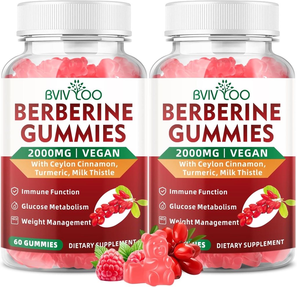 2 Pack Berberine Gummies, 2000 מ"ג High Potency Berberine HCI תוסף, Plus Ceylon Cinnamon, Milk Thistle for Women & Men, Immune System & Metabolism Support - 120 חניכיים