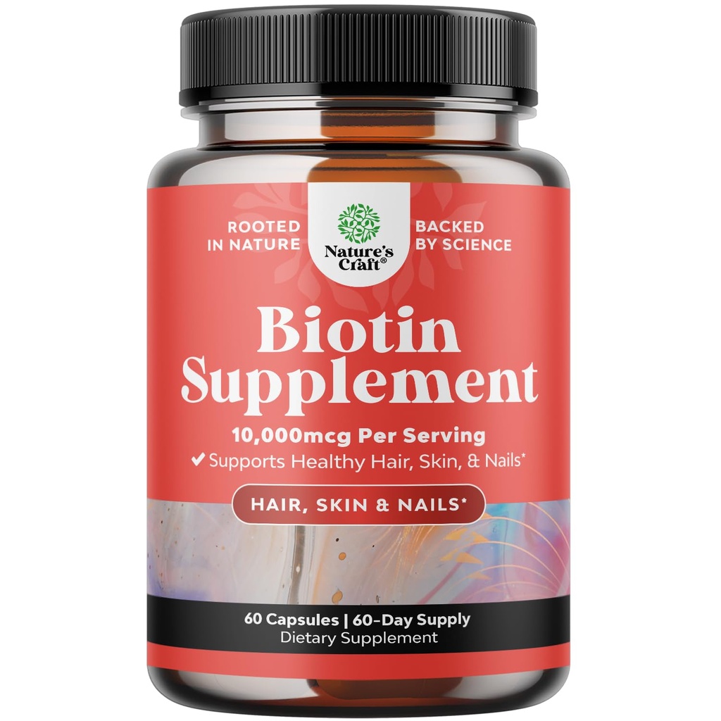 Natures Craft 10000 mcg Pure biotin Pills עבור נשים - מקדם שיער Thicker ומלא יותר. תוספת טבעית ל- Shiny Thick Hair growth growth growth growth growth - קפסולות צמחוניות - Get Clear Skin Strong Nails
