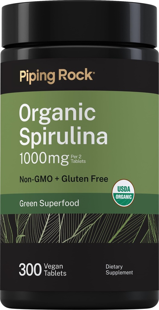 Piping Rock Organic Spirulina | 1000mg | 300 טבליות | Arthrospira Platensis | Vegetarian, non-GMO, Gluten Free Supplement