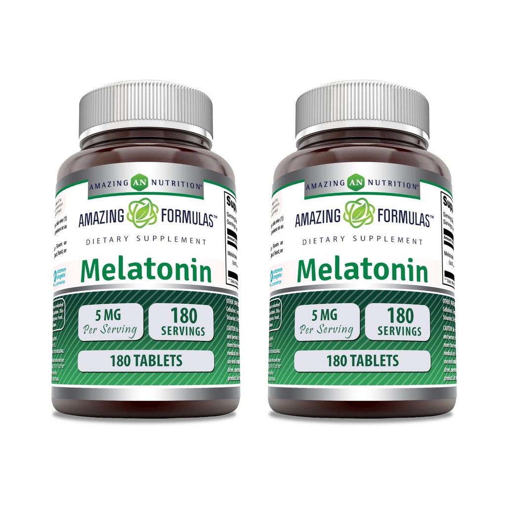 פורמולה מדהימה Melatonin תוסף | 5 Mg Per Serve | 180 טבליות | Non-GMO | Gluten Free | Made in USA | Pack of 2