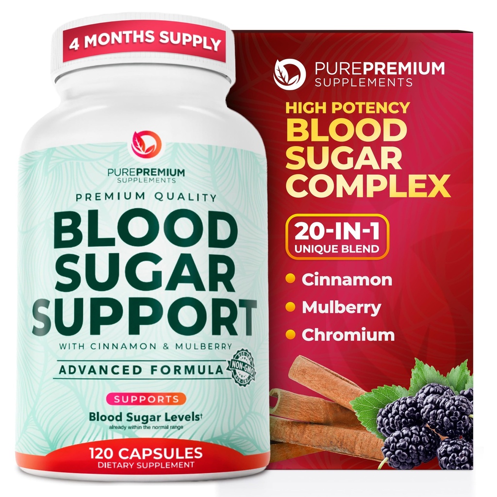 PurePremium Normal Blood Sugar Support תוסף - 20 Active Ingredients Complex כדי לתמוך רמות סוכר בדם כבר בטווח הרגיל - עם Cinnamon, Bitter Melon, Chromium, Mulberry - 120ct