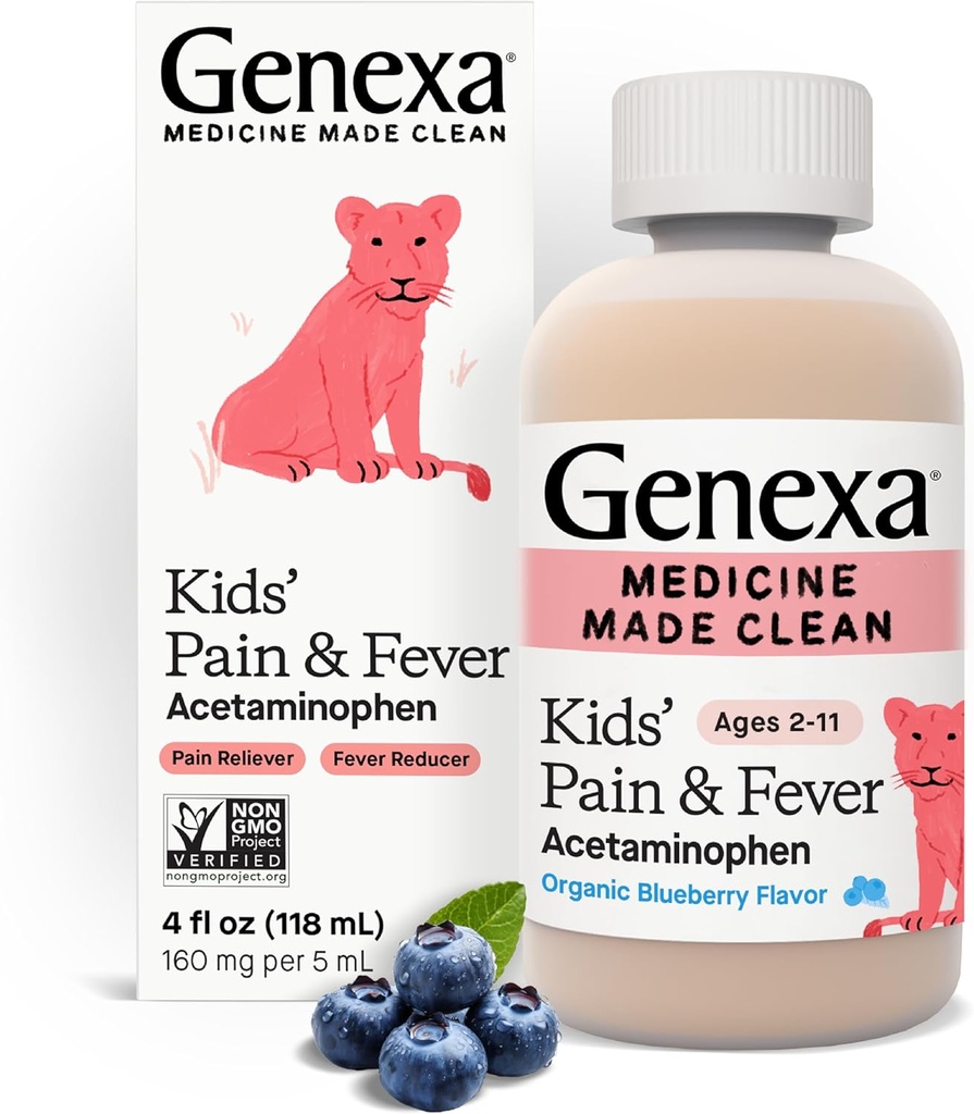 Genexa Kids' Acetaminophen Pain & Fever Oral Suspension Medicine - 4oz - For Children 2 - 11 Years Old, Temporly מקל על כאב ותסמיני חום, 160 מ"ג ל 5 mL- אורגני Blueberry פלאמור