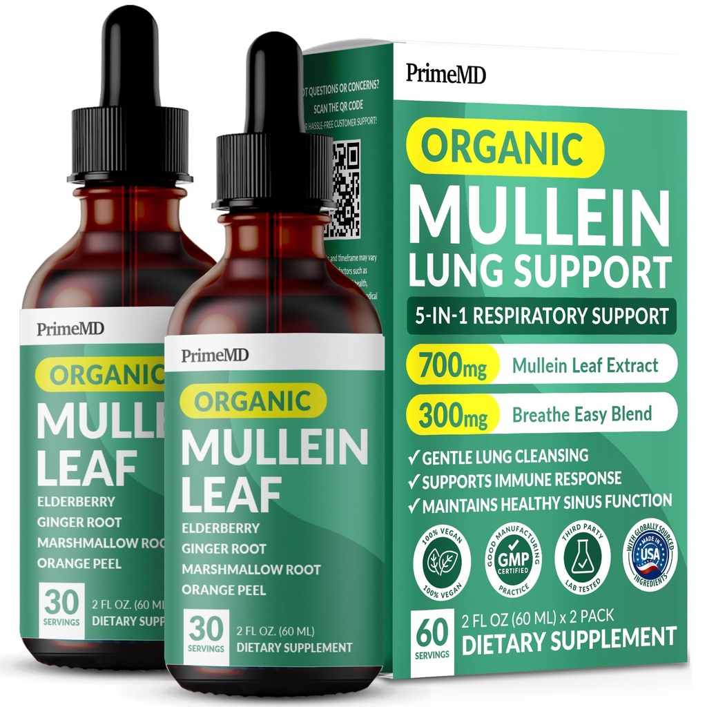 5in-1 מולליין טיפות עבור Lungs ו Bronchial - Respiratory Lung Health Support with Mullen Leaf Extract for Lungs - Mullein Tincture with Elderberry, Echinacea ושורש ג'ינג'ר (60 משרתים) (2-pack)