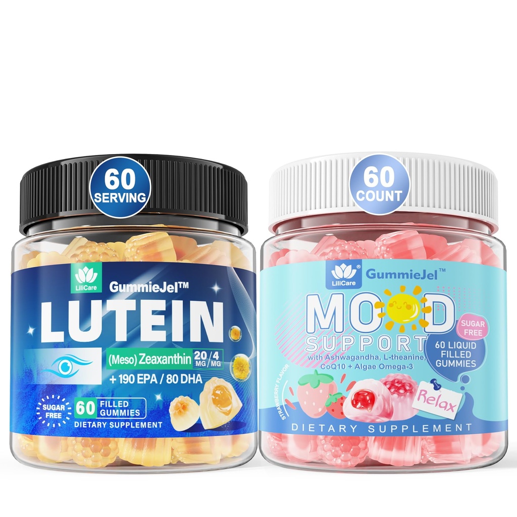 סוכר חינם Lutein 20mg Zeaxanthin מלא חניכיים + Natural Calm מלא חניכיים למבוגרים עם Ashwagandha ו אומגה 3 טבעוני אומגה 3
