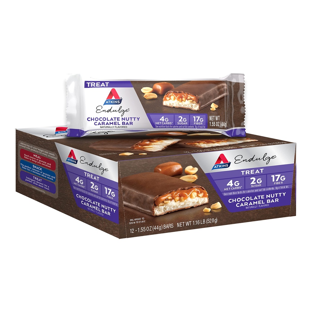 Atkins Endulge שוקולד Nutty Karamel Bar, הקינוח האהוב, 2g סוכר, גבוה בסיבים, Keto Friendly, 12 Count
