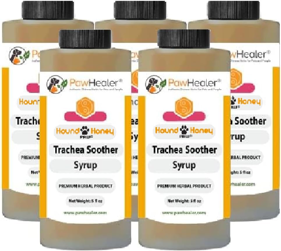 Trachea Sother Syrup 5PAK Hound Honey - Herbal Remedy טבעי עבור סימפטומים של Collapsed Trachea - Tastes Good - Easy to Administer (5 oz /ea)
