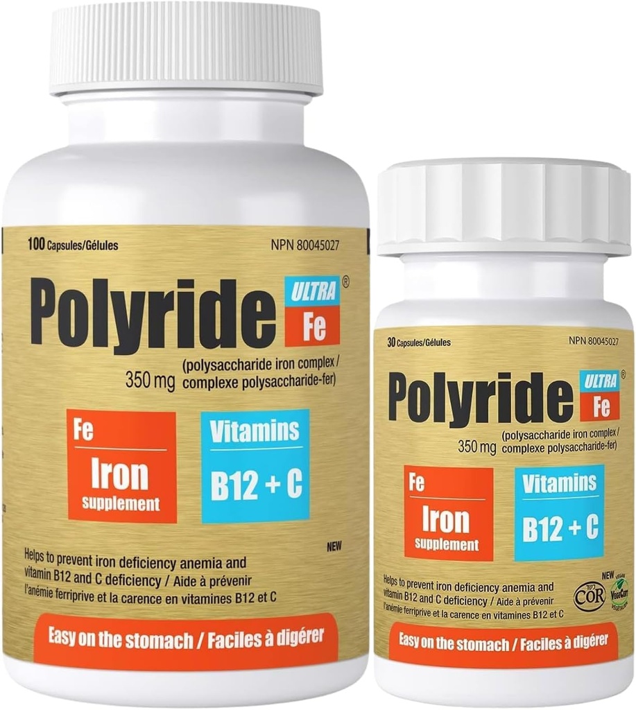 Ultra Polysaccharide Iron תוסף 350 Mg - תמיכה באנרגיה עם ברזל - טיפול בהגנת ברזל אנמיה - 125 מ"ג ויטמין C ו 1000 mcg ויטמין B12-100 קפסולות
