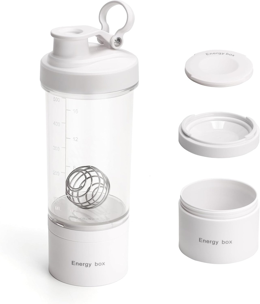 בלנדר חלבון Shaker Tritan בקבוק עם Pill / Powder Storage Container forחלבון Shakes-pre אימון בקבוק Mixer Cup-Gym Sport Water Bottle with Wire Whisk Balls White