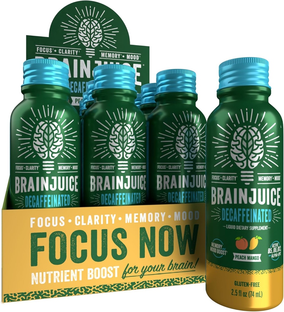 BrainJuice Decaf Brain Support Shot, Gluten Free Supplement Shots for Energy & Focus, משקאות בריאים עם Alpha GPC, ויטמין B & Decaffeinated Green Tea Leaf, Peach מנגו, 2.5 oz, 12 Pack
