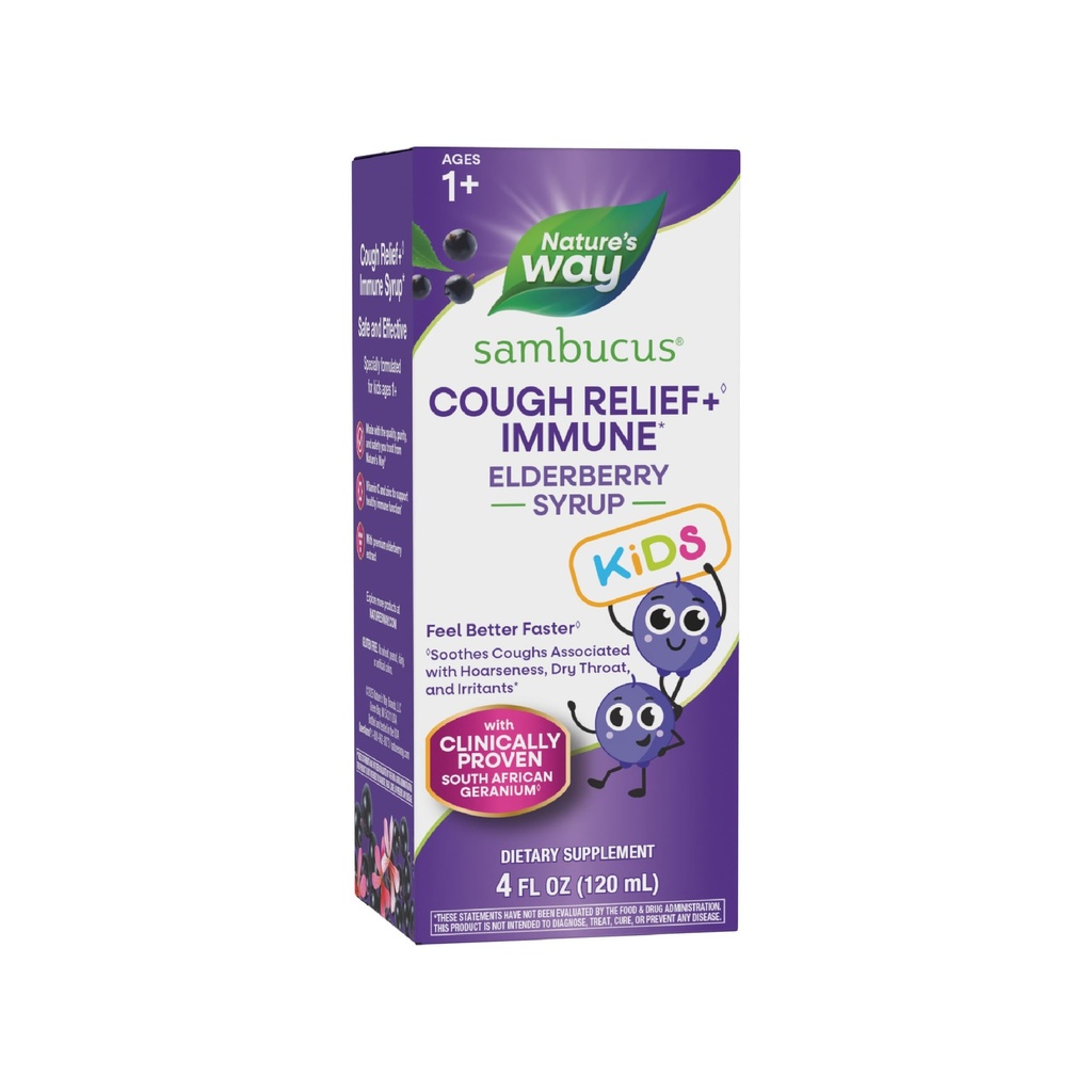 הדרך של הטבע Sambucus Kids Cough הקלה +♢ Immune Syrup*, Feel Better Faster♢, פרוב קליני פרובנס דרום אפריקאי גרניום, עם Elderberry לחלץ, ויטמין C & Zinc, Gluten Free, טבעוני 4 Fl Oz Oz Oz