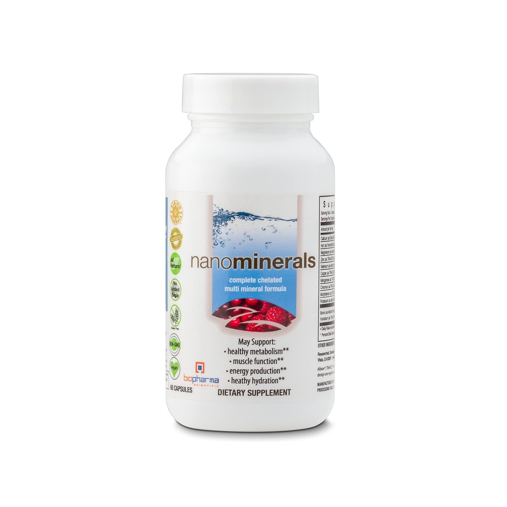 Biopharma Scientific NanoMinerals | Complete Chelated Multi-Mineral קפסולות | Calcium, Magnesium, Zinc, Iron, Potassium, Copper, Chromium & More | 30 משרתים