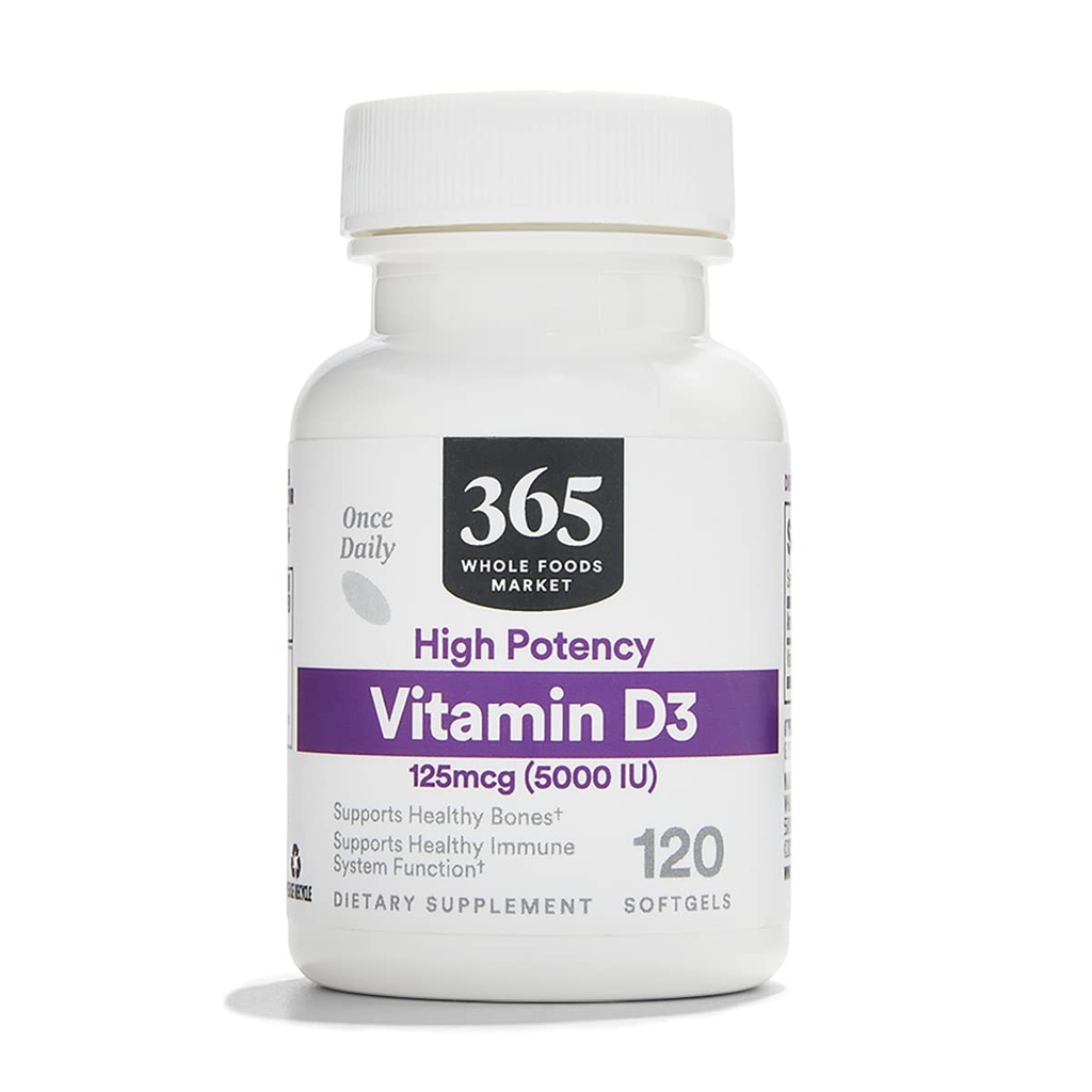 365 על ידי Whole Foods Market, ויטמין D3 Softgels, 5000 IU, 120 CT