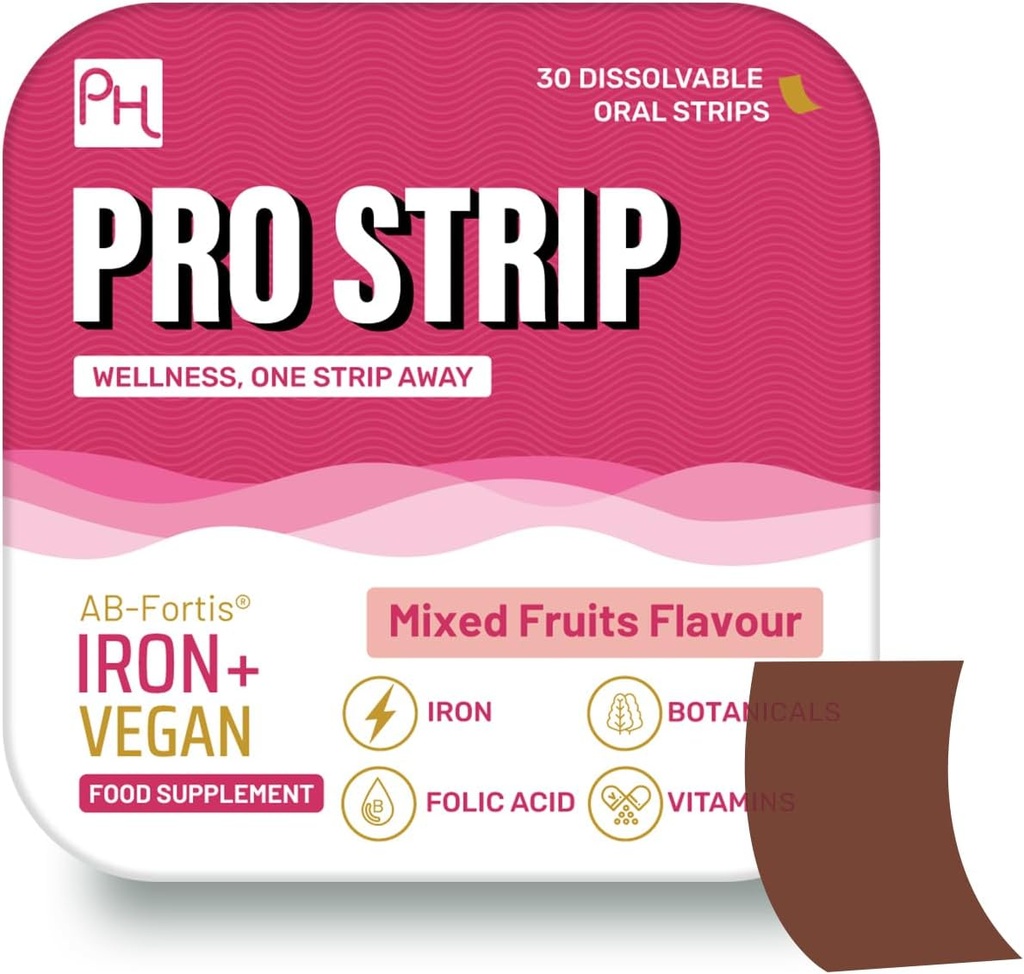 ProSTRIP® Iron+AB-Fortis® 14 מ"ג נוסף עם ויטמין C, B1, B2, B6, Folic Acid, Beetroot, Spinach ו Tart Cherry - 30 פסים טבעוניים אוראליים - No Water Needed - High Absorption by Prowise Healthcare
