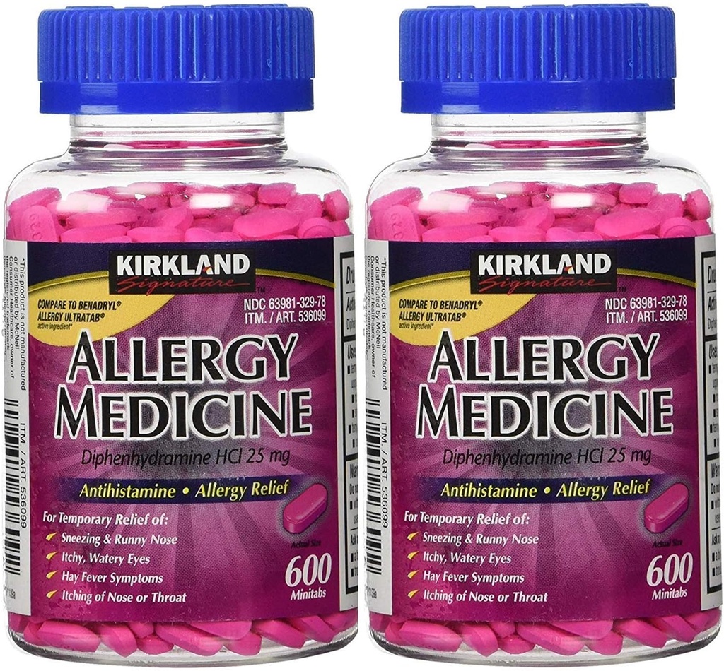 קירקלנד חותם Allergy Medicine Diphenhydramine HCI 25 מ"ג - 600 Minitabs - 2 Pack