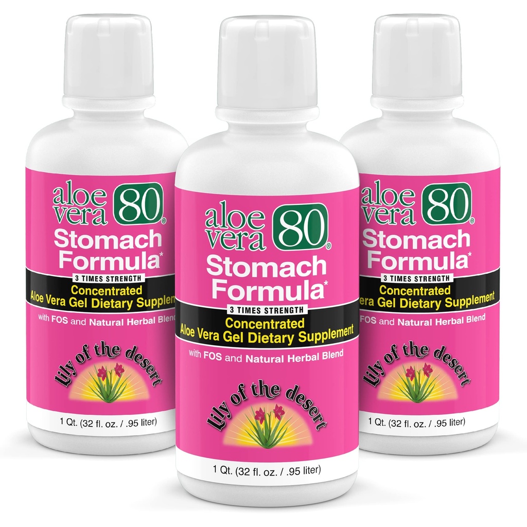 לילי של פורמולה המדבר, אלוורה 80 גל - Concentrated Aloe Vera Juice with Slippery Elm, Chamomile, Peppert וג'ינג'ר עבור Gut Health, Heartburn, Acid Reflux, 32 Oz (Pack of 3)