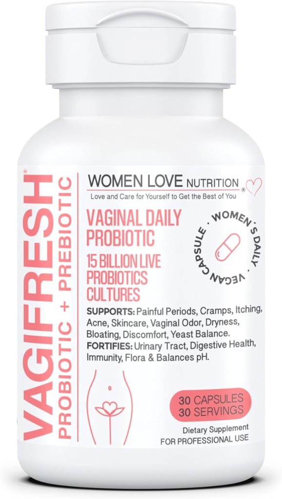 VAGIFRESH Vaginal Probiotics, pH Balance, Prebiotics & Lactobacillus. תוספת בריאות וטרינרית של נשים - בריאה Vaginal Odor & פלורה, 30 Count.