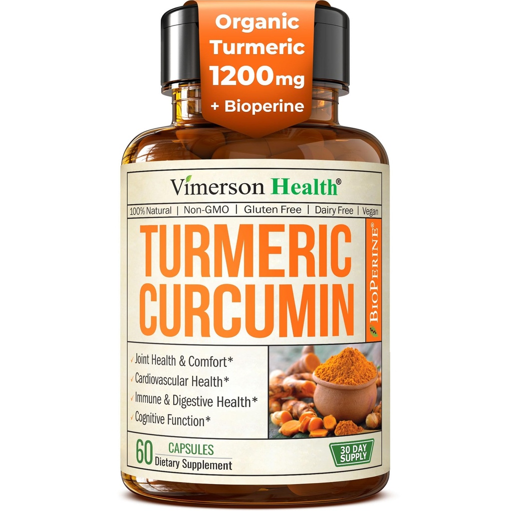 תוסף Turmeric Curcumin עם Black Pepper Extract - High Potency אורגני Turmeric 1200 מ"ג ו-95% Curcuminoids לבריאות משותפת & Digest - תוספת תמיכה משותפת - 60 קפסולות קירור טבעוני
