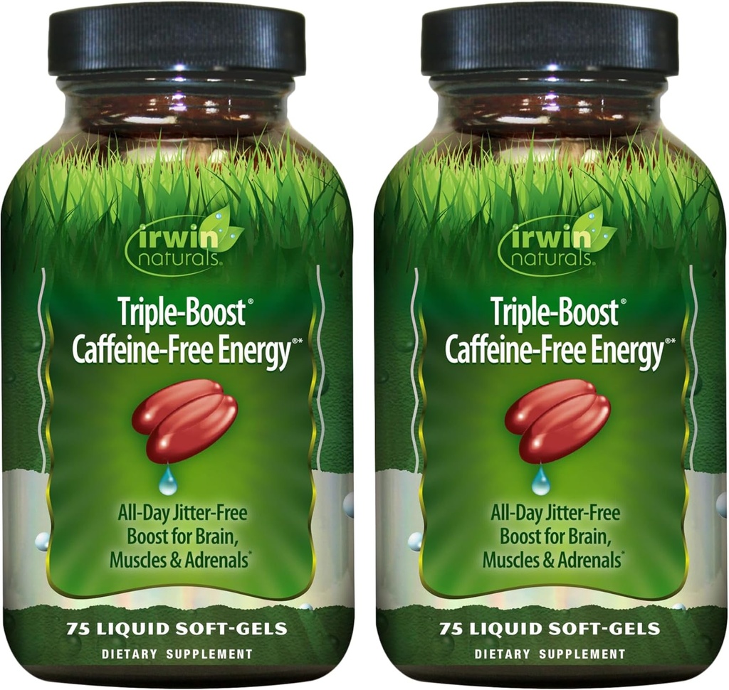Irwin Naturals Triple-Boost Caffeine חינם אנרגיה - 75 נוזל Soft-Gels - התאמת אנרגיה יומית תמיכה - 2 Pack