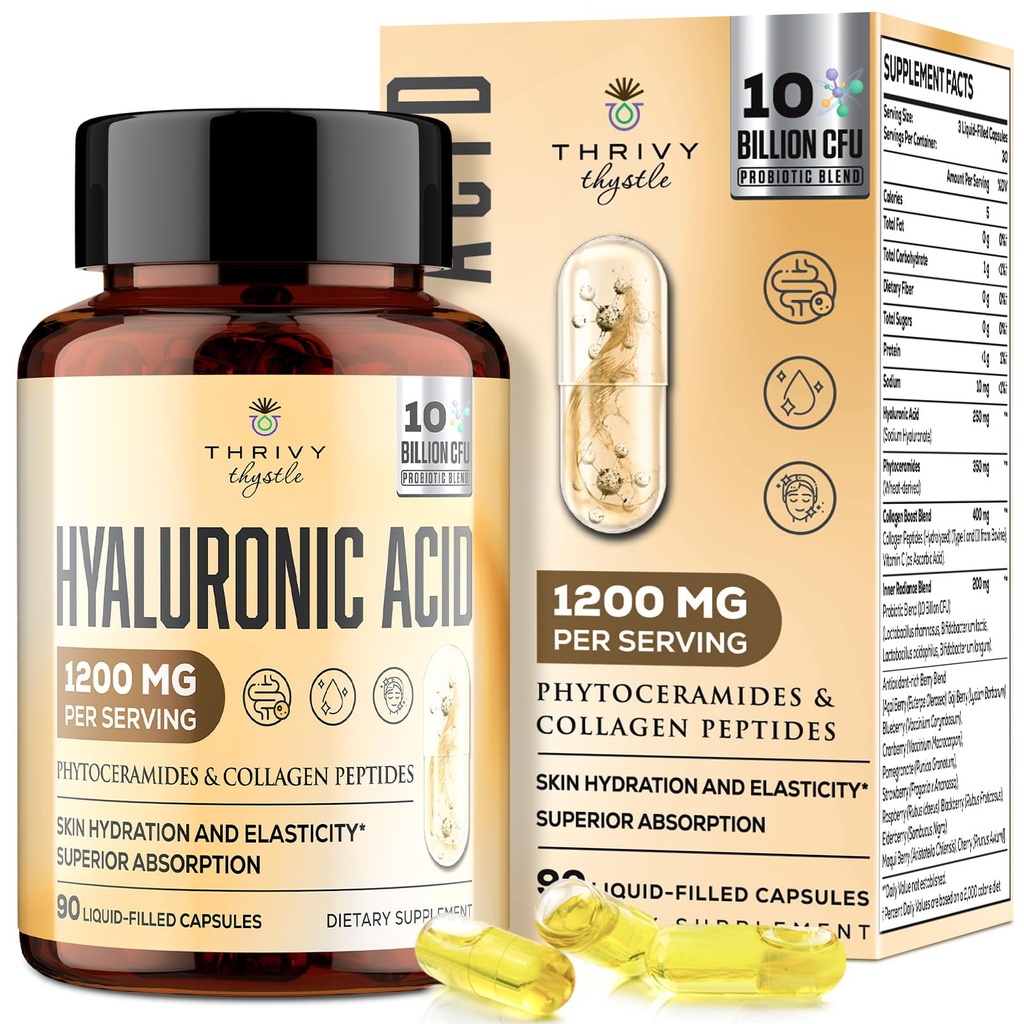 19-in-1 Hyaluronic Acid כמוסות - Hyמשוגע Acid 1200 מ"ג, עם Collagen Peptides, ויטמין C, Phytoceramides - עבור עור, עיניים, גסטרו מעיים, תמיכה העצם (1 Pack)