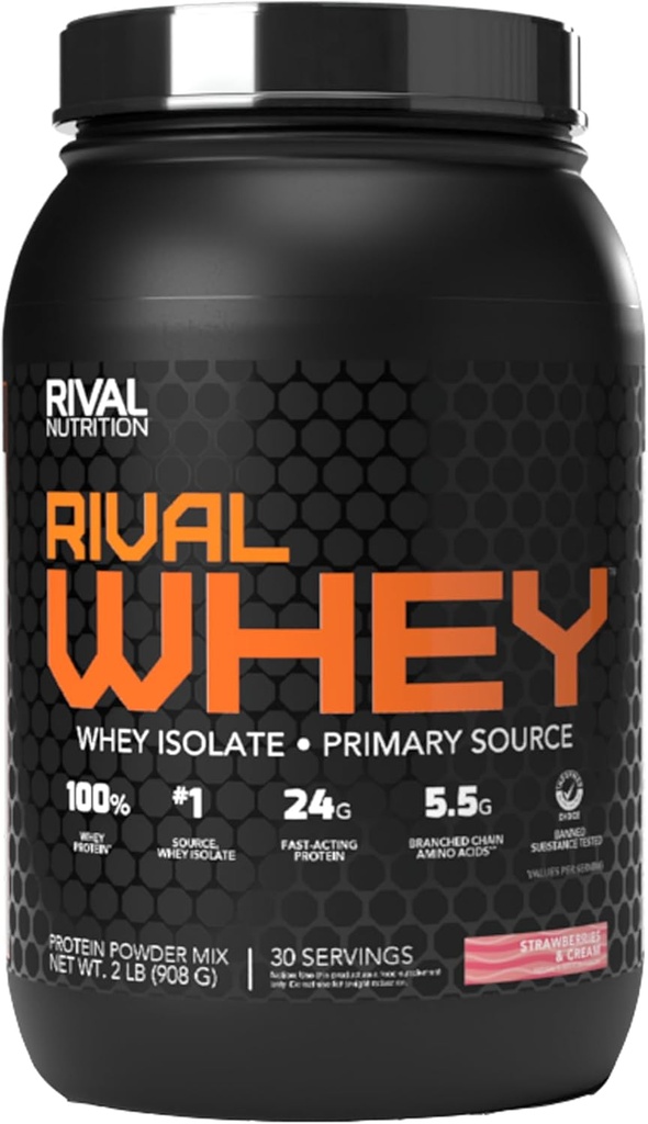 Rivalus Rivalwhey - Strawberry Creme 2lb - 100% חלבון Whey, חלבון Whey חלבון Isolate מקור ראשוני, פרופיל תזונתי נקי, BCAAs, No Banned Substances, Made in USA
