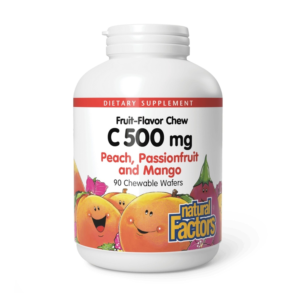 גורמים טבעיים, ילדים Chewable ויטמין C 500 מ"ג, תומכים בריאות החיסון, עצמות, שיניים וחניכיים, Peach, Passionפרי ומנגו, 90 Wafers