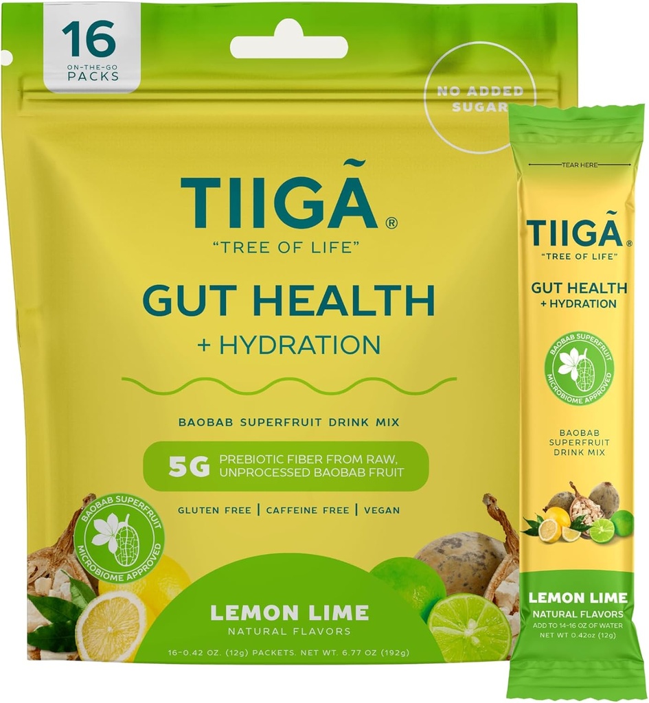 Tiiga Gut בריאות + הידרציה לשתות לערבב - 7g Baobab, 5g Prebiotic סיבים, אלקטרוליטים, ללא חלב, טבעוני, לא תוספת סוכר, עיכול, סדירות, ו Constipation - 16 משרתים