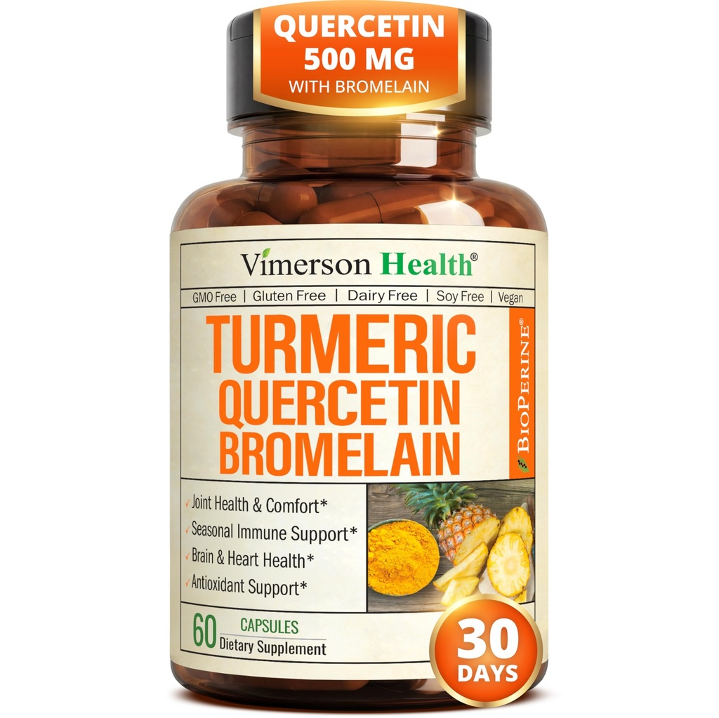 Quercetin with Bromelain Turmeric Curcumin תוסף - Allergy Relief, Joint & Immune Support - תוספת אורגנית Turmeric עם Black Pepper (Bioperine) - 60 Quercetin 500 מ"ג קפסולות