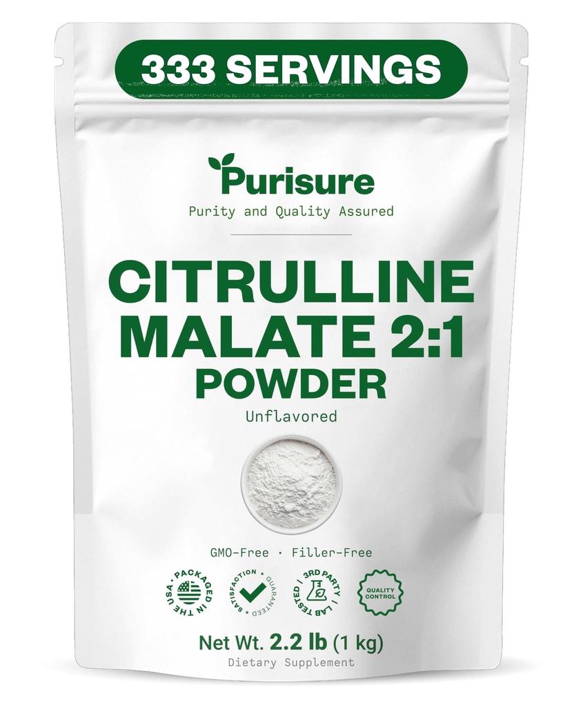 Purisure L Citrulline Malate 2:1 אבקה, 1 ק"ג, תוסף ו Nitrate עבור כוח ביצועים ואנרגיה, Pre-Workout L Arginine L Citrulline אבקת, 334 משרתים.