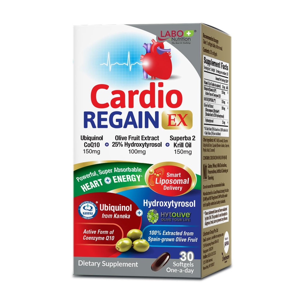 LABO Nutrition CardioREGAIN EX - תוסף Ubiquinol CoQ10 עם Kaneka QH 150 מ"ג, תמצית פירות אוליב (25% hydroxyrosol), קריל שמן - לב, אנרגיה סלולרית, Liposomal Absorption, non-GMO, Soy-Free-Free-Free-Free-Soy-Free Freexyrosol