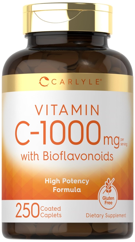 Karlyle ויטמין C 1000 מ"ג | עם Rose Hips ו Citrus Bioflavonoids | 250 Caplets | Vegetarian, non-GMO, Gluten Free Supplement