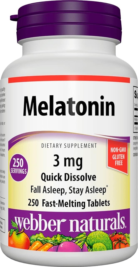 Webber Naturals Melatonin 3 מ"ג, Easy Dissolve, 250 טבליות, 100% תרופות חינם שינה סיוע למבוגרים, Gluten חינם, non-GMO, מתאים Vegetarians