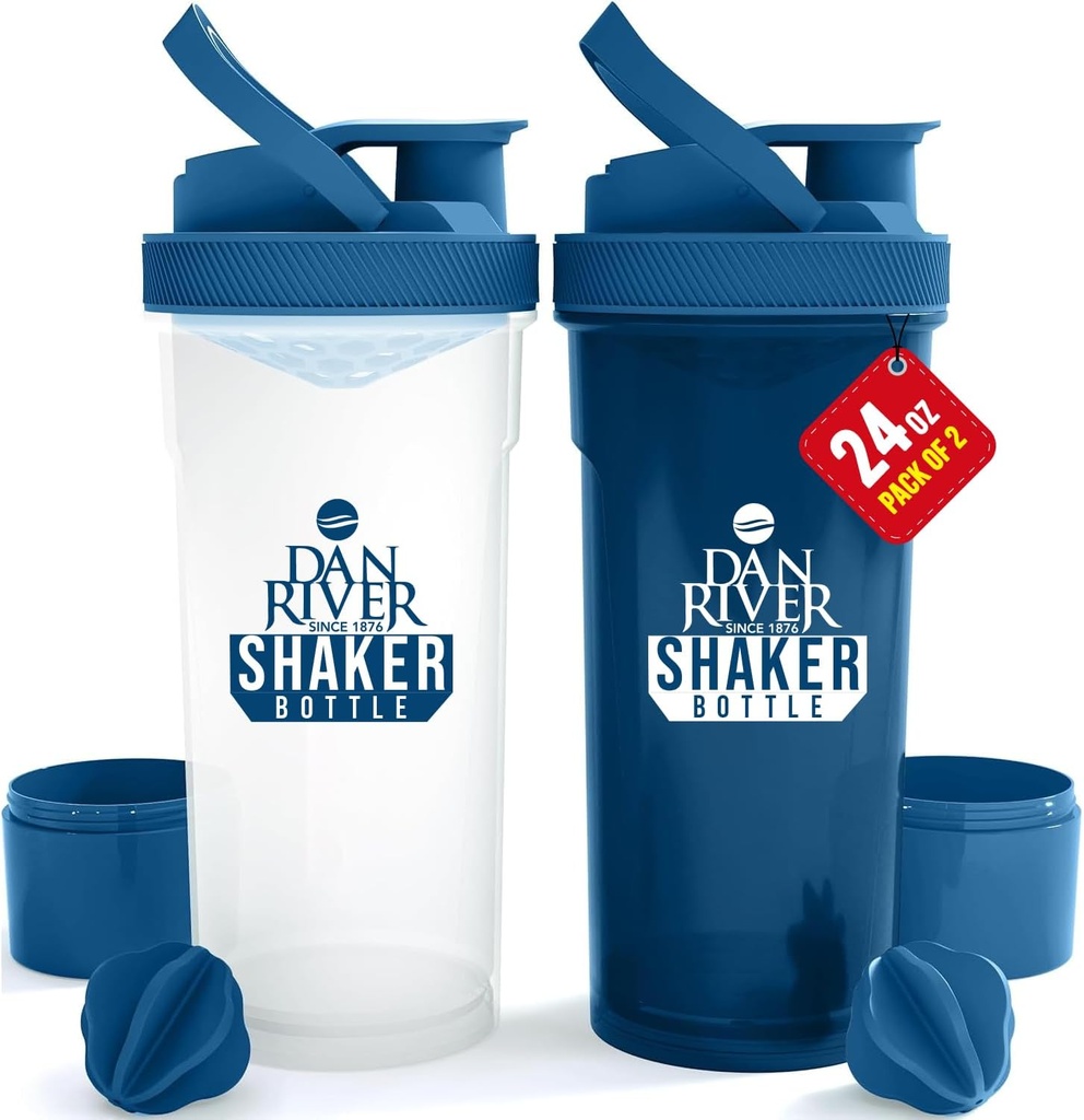 DAN RIVER 2Pack Shakerבק | 24oz פלסטיק חלבון Shaker & Mixer | Twist & Lock Design for Smoothies & חלבונים Mixes