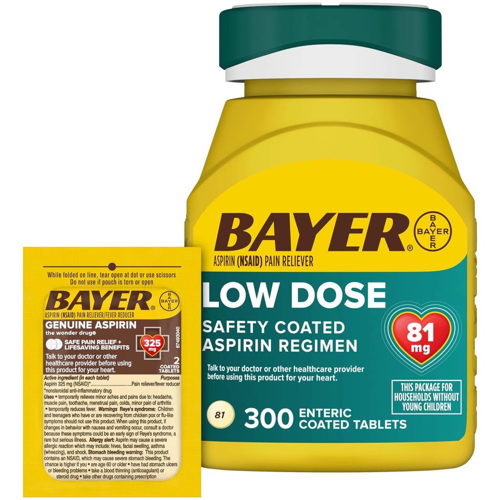 Bayer Aspirin 81mg Enteric Coated טבליות 300ct ו 2 Count Travel Pack של Genuine Aspirin 325 מ"ג coated Tablets