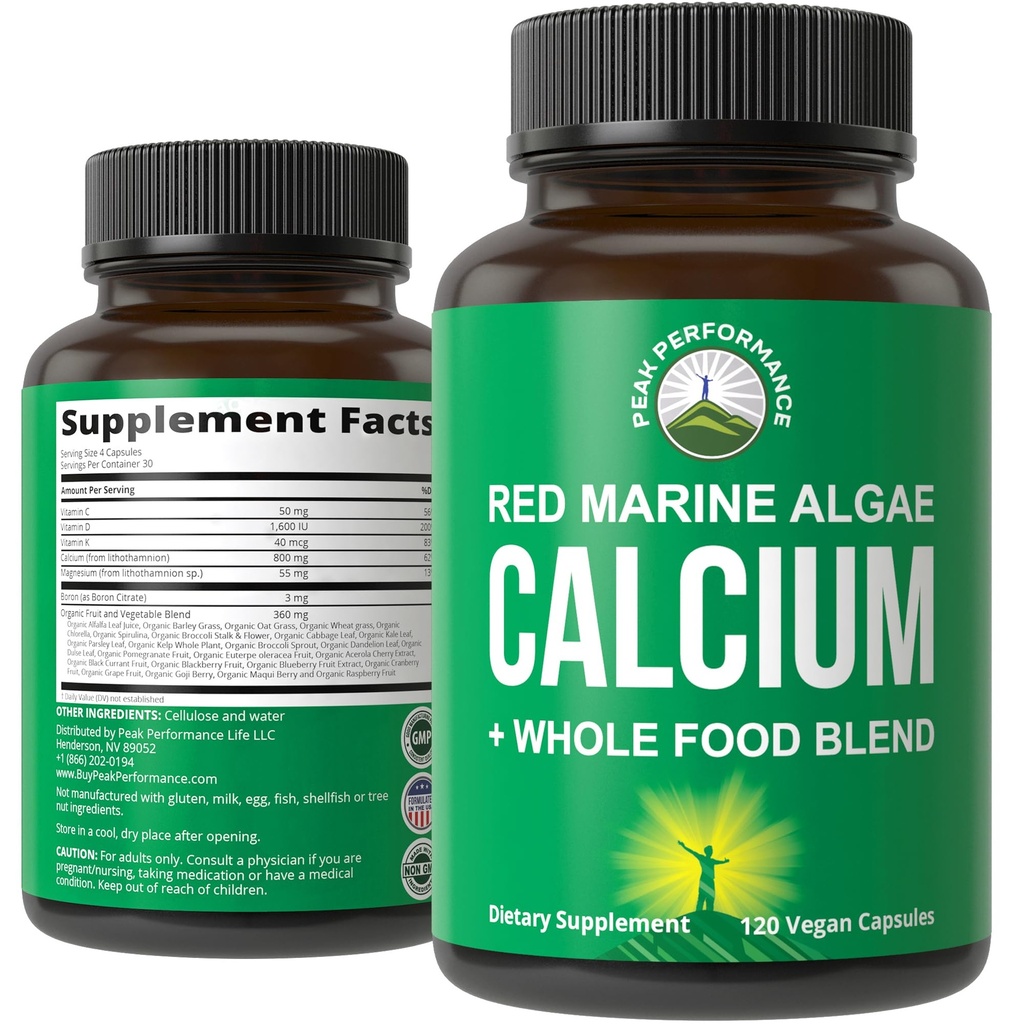 Plant Based Calcium - Red Marine Algae Calcium תוסף עם ויטמין C, D3, K, Magnesium, ו- Whole Food ירקות תערובת. 120 גלולות, טבליות