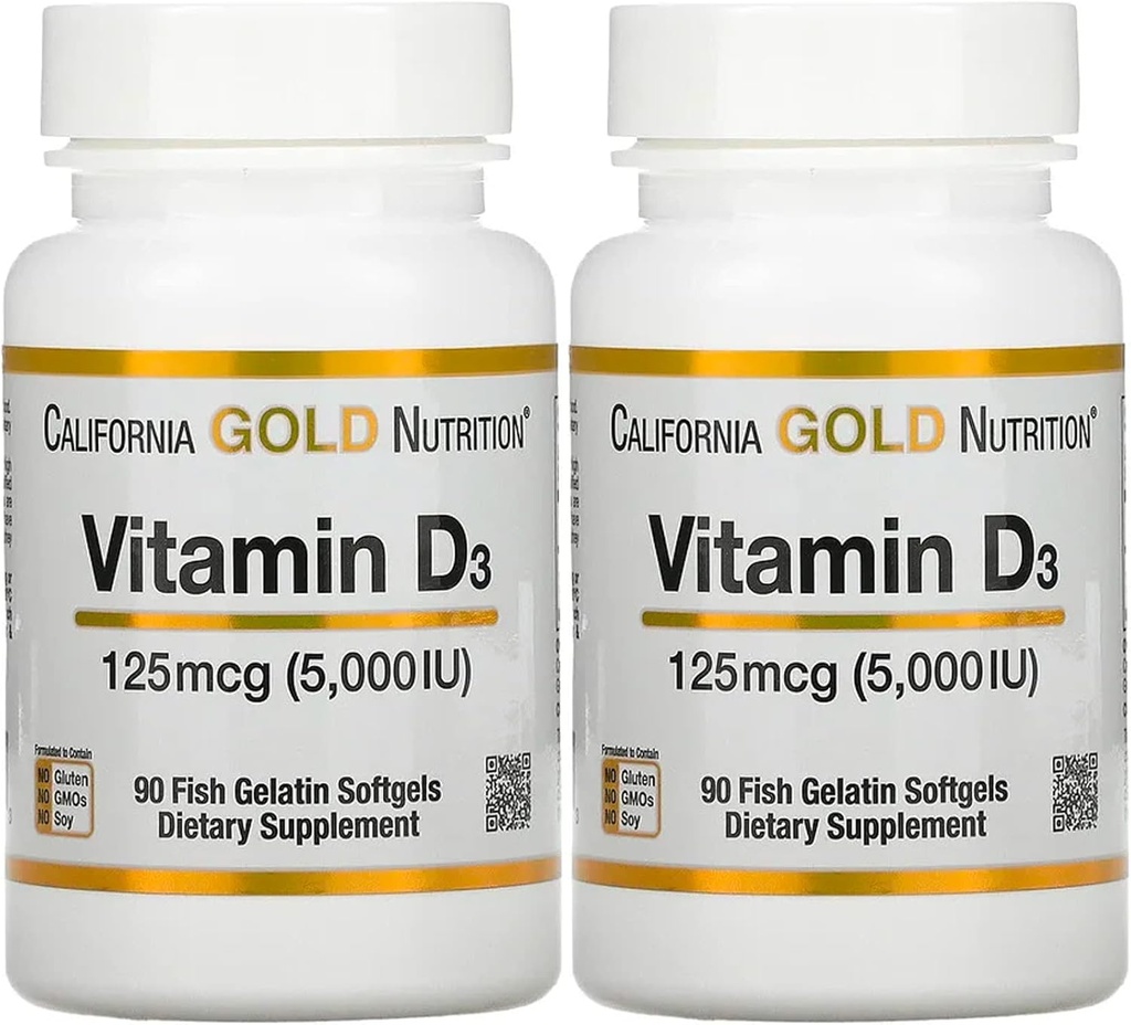 ויטמין D3 תוסף על ידי California Gold Nutrition - תמיכה בעצמות בריאות ושיניים - תמיכה במערכת החיסון - Gluten Free, non-GMO - 125 mcg (5,000 IU) - 2 Pack של 90 Fish Gelatin Softgels כל אחד