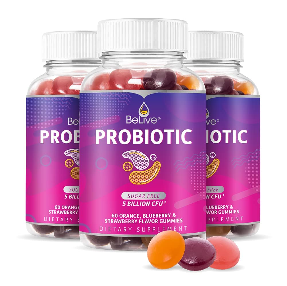 BeLive Probiotics - פרוביוטיקה עם 5 מיליארד CFUs לבריאות העיכול, גברים, נשים וילדים פרוביוטיקה תוספי תמיכה Immune, סוכר חינם & טבעוני - Blueberry, סטרוברי ותפוז | 3Packack