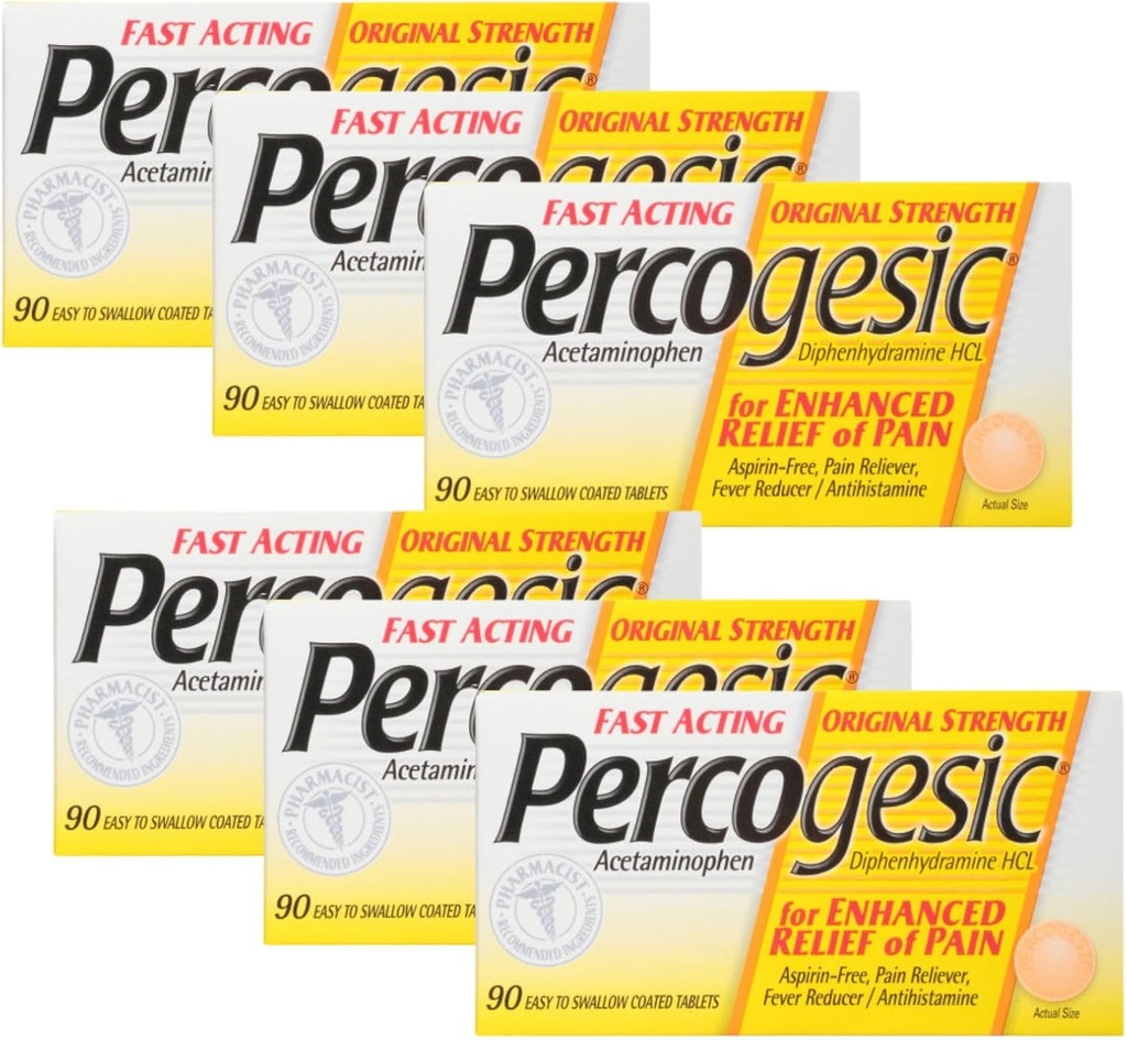 Percogesic Aspirin Free Pain Relief Tablets, כוח מקורי, Acetaminophen ו Diphenhydramine, 90 ct (Pack של 6)