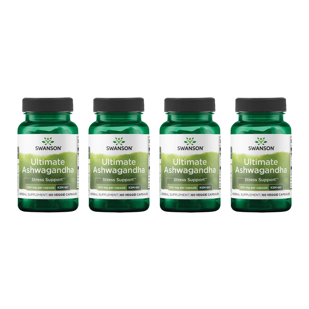Swanson Ultimate Ashwagandha KSM-66 - תוסף צמחי תומך רמות מתח בריאות להירגע - פורמולה טבעית לקידום Calm & hiped Mindset - (60 Veggie קפסולות, 250 מ"ג כל אחד) (4 Pack)
