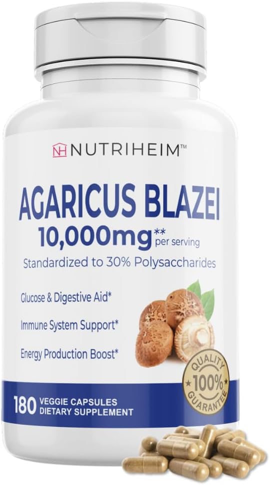 Agaricus Blazei Organic Mushroom for Immune & Energy Support - 30% Polysaccharides & 180 Veggie קפסולות - non-GMO, Gluten-Free, טבעוני ידידותי תוספת תוסף