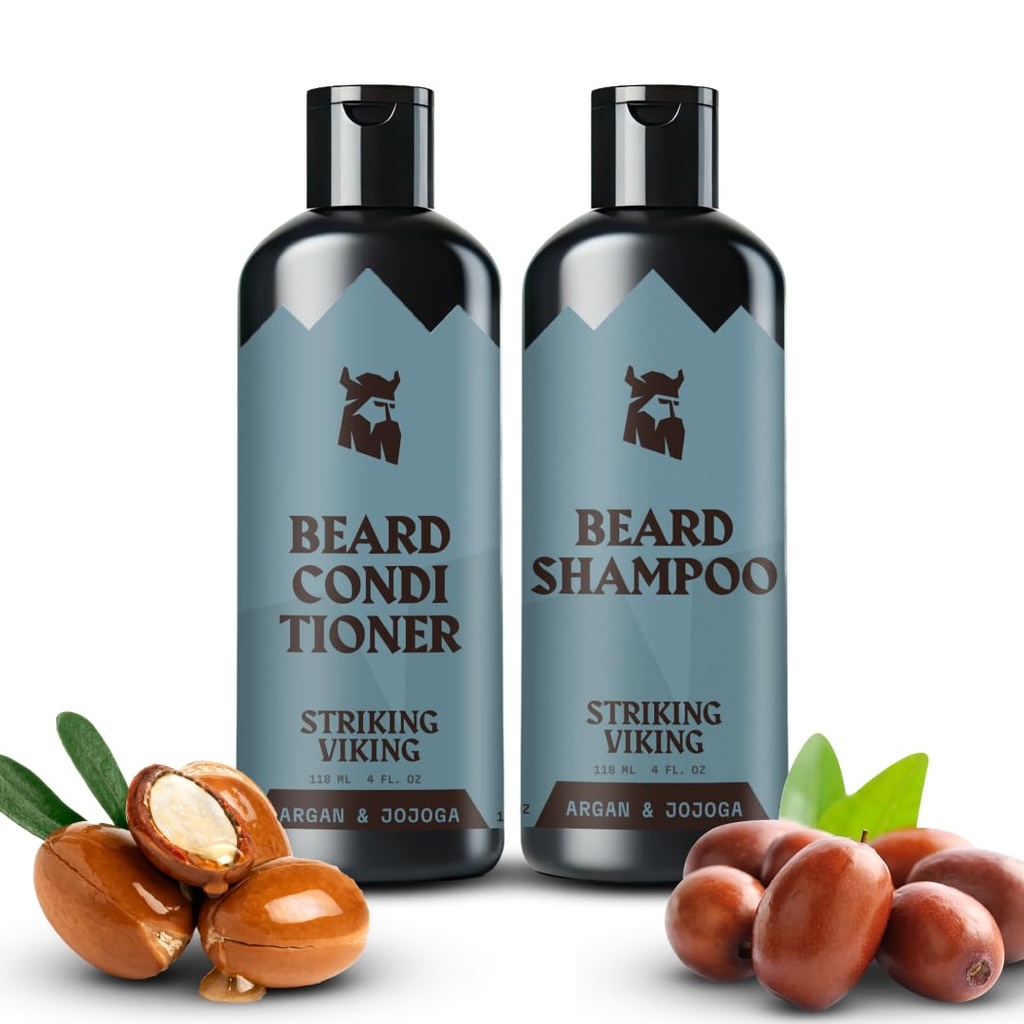 Striking Viking Beard Shampoo ו- Conditioner Set - 4 Fl Oz כל, Fresh Masculine Scent - Beard Wash and Conditioner for Men - ניקויs & Softens, עם Argan & Jo Joba שמן - Sulfate & Paraben חינם חינם