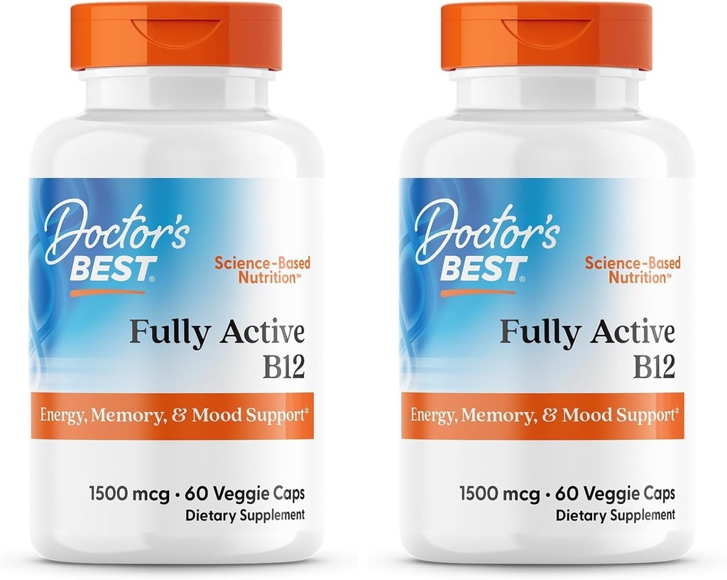 Doctor's Best Fully Active B12 1500 mcg, Non-GMO, טבעוני, Gluten Free, תומך זיכרון בריא, Mood ו- Circulation, 60 Count (Pack of 2)