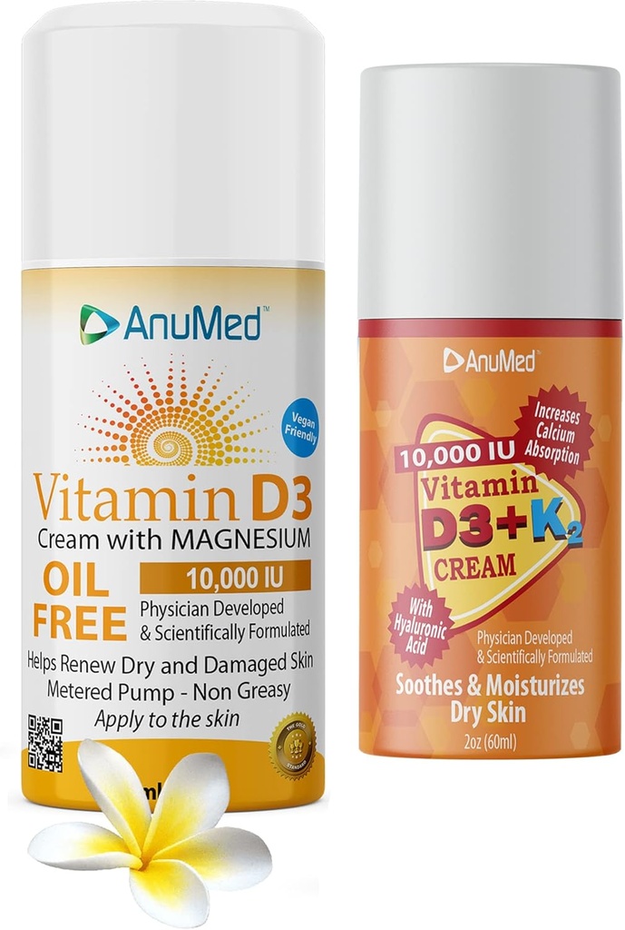 קרם טבעי ANUMED Bundle עם ויטמין (D3 10,000 IU שמן חינם) + (D3 עם K2 10,000 IU Travel Size 2oz) רכיבים חזקים עם Hyaluronic Acid, Magnesium, ויטמין E, Zinc, ויטמין B3.