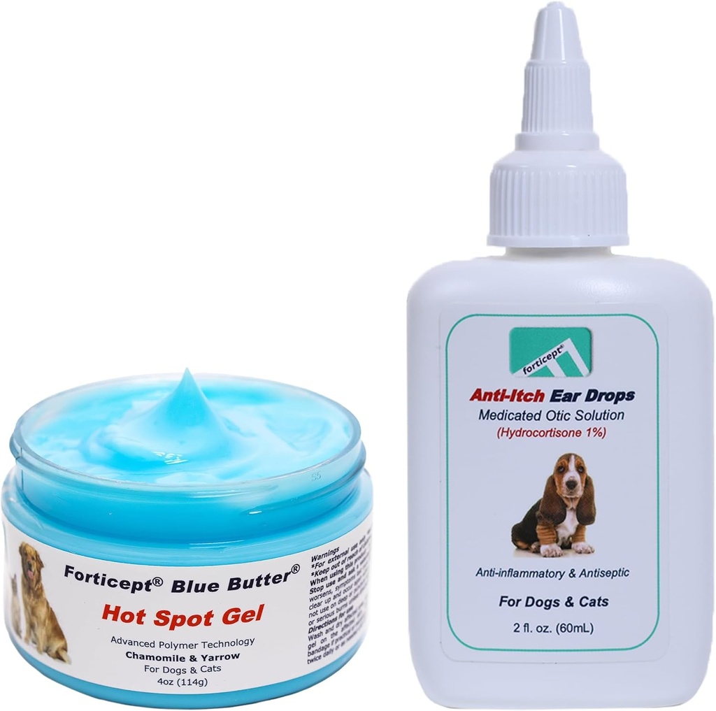 גלימת החמאה הכחולה חתומה 4oz לכלבים וטיפול בדלקת אוזניים טיפות 2oz לכלבים