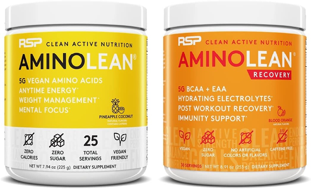 RSP NUTRITION Vegan AminoLean Pre Workout אנרגיה (Pineapple קוקוס 25 משרתות) עם AminoLean Recovery Post Workout Boost (Blood Orange 30 משרתים)