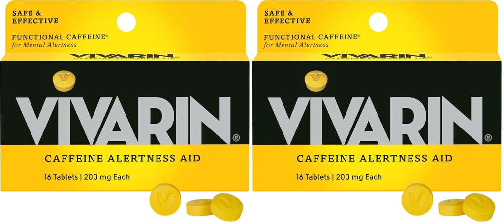 Vivarin, Caffeine Pills, 200mg Caffeine per Dose, בטוח ויעיל לעזור לך להישאר ער, No Sugar, Calories או ingredients, אנרגיה, 16 טבליות (Pack of 2)