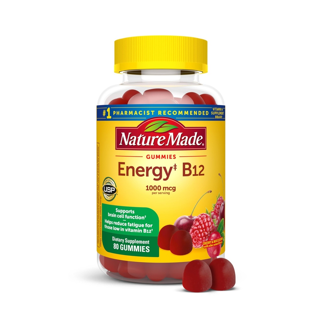 Nature Made Energy B12 1000 mcg, תוספת תזונתית לתמיכה במטבוליזם אנרגיה, 80 מסטיקים, 40 יום אספקה אריזה עשויה להשתנות