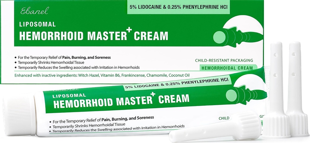 Ebanel 5% Lidocaine Hemorrhoid קרם טיפול עם Witch Hazel, Phenylephrine, צ'אסטוז סוס, ויטמין B6, Zinc Oxide, חיצונית ופנימית טיפול טחורים שורף Itch כאב ניתוח קרם הקלה