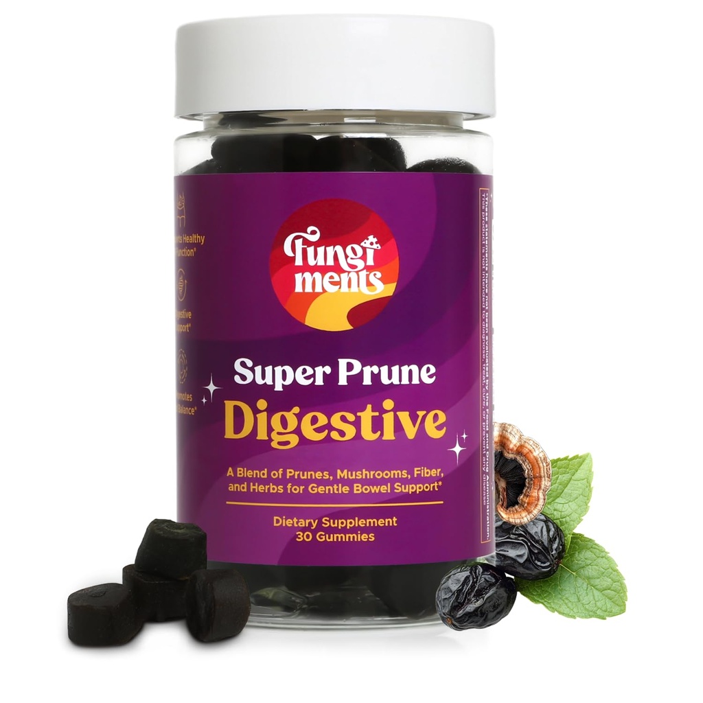 Fungiments Super Prune - תוסף Mushroom - טורקיה Tail Mushrooms, סיבים, Rhubarb, Prunes, ג'ינג'ר, Chamomile - Debloating, Constipation Relief (30 Mushroommies)