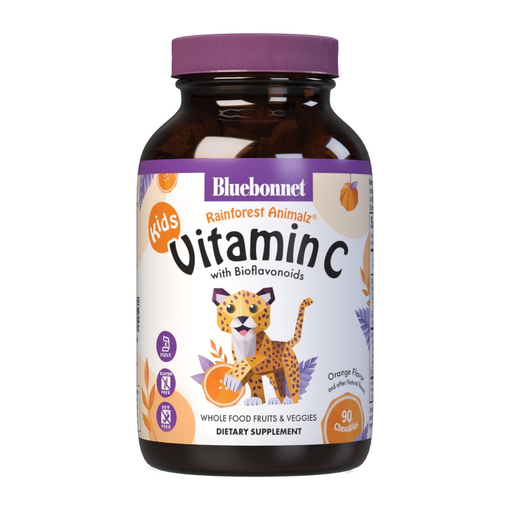 Bluebonnet Nutrition Rainforest Animalz ויטמין C Animal Shape Chewable Tablets, 250 מ"ג של ויטמין C, Soy-Free, Gluten-Free, Certified, Milk-Free, 90 Tablets, 45 משרתים, Orange Flavor